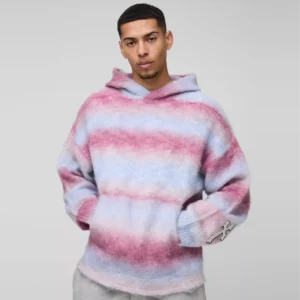 Boxy Fit Ombre Stripe Brushed Knit Cross Hoodie