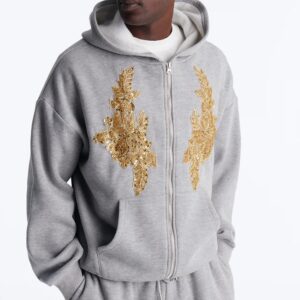 Oversized Rogue Sequin Applique Zip Up Hoodie - Grey